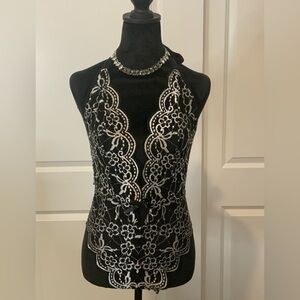 Elegant Black Lace Halter Teddy w/ Silver Floral Embroidery – Size L